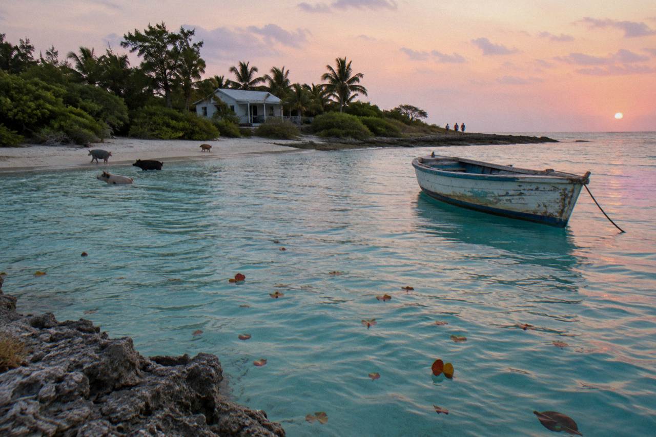 Turquoise shallow water around a small Bahamian island with a weathered wooden boat anchored offshore