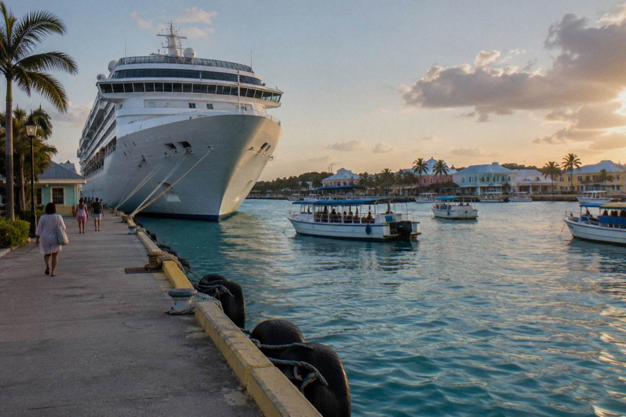 Cruise ship docked at a Nassau waterfront with tour boats in the harbor