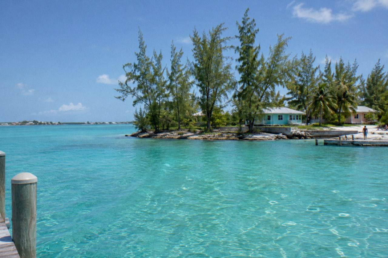 Turquoise water and a white sand beach on a small Bahamian island