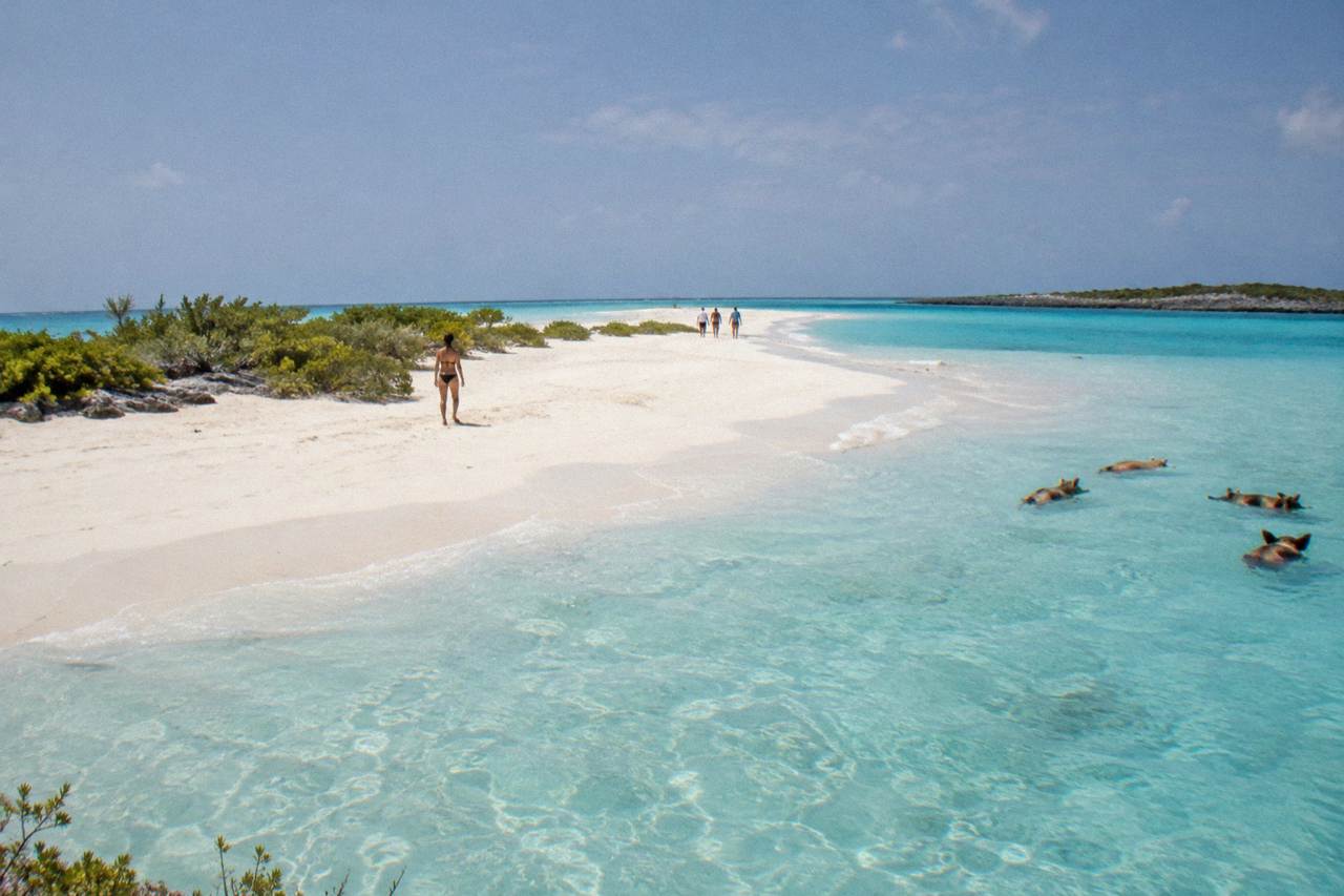 Turquoise shallow water around a small Exuma cay with a sandbar stretching to the horizon