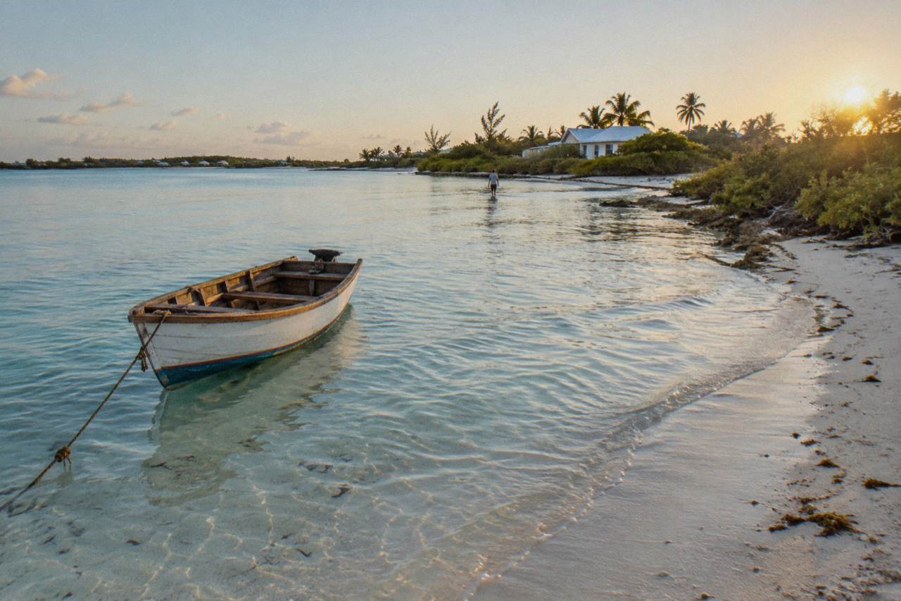 Clear shallow water over pale sand with green island vegetation along the shoreline