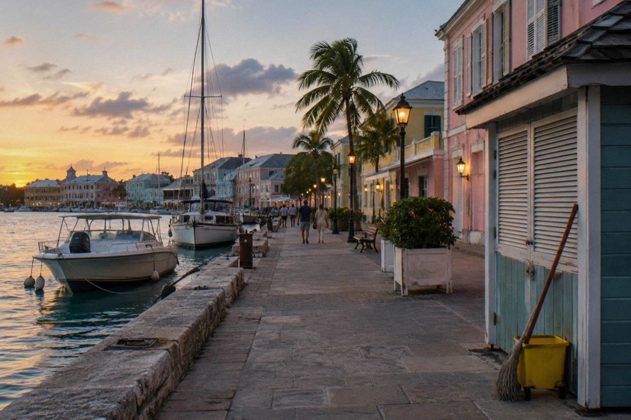 Woodes Rodgers Walk waterfront in Nassau with boats moored along the harbor