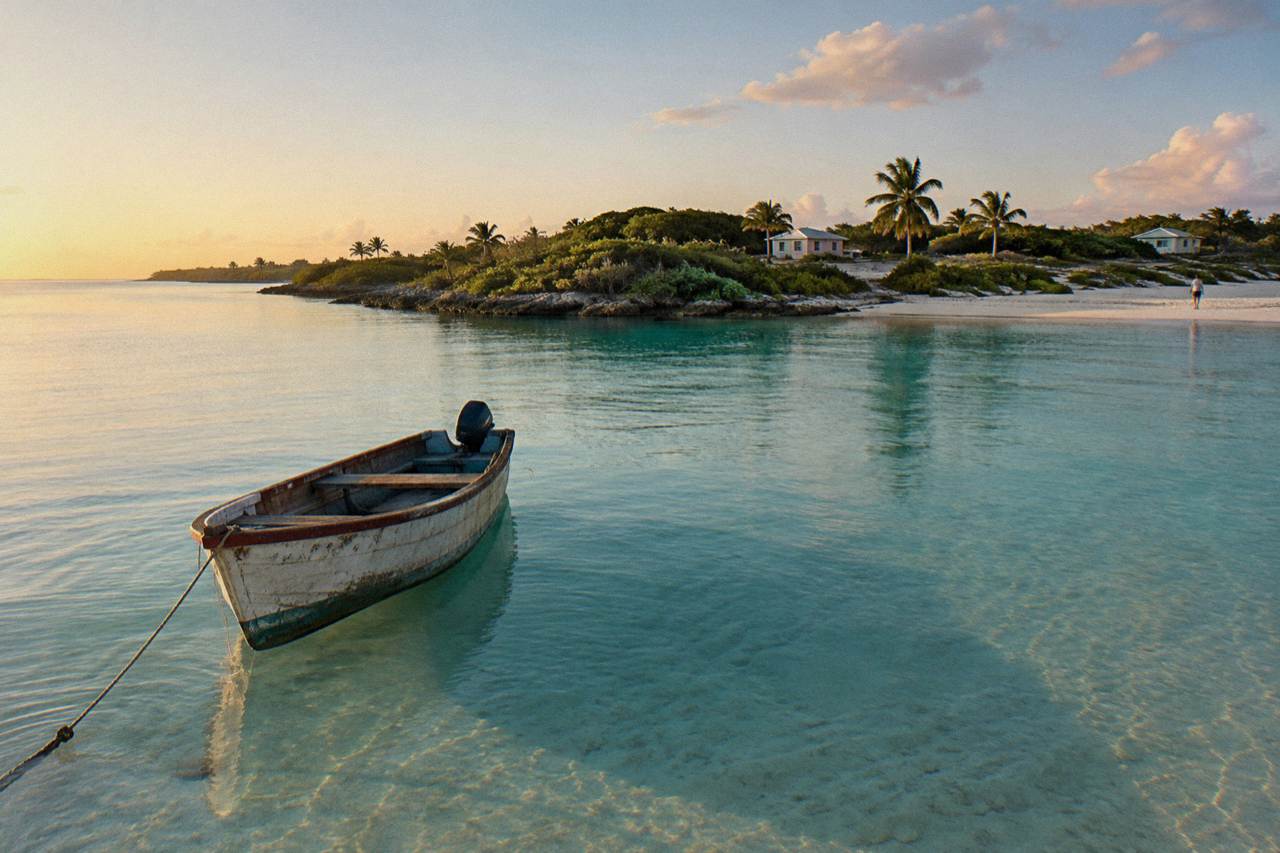 Calm turquoise shallows around a small uninhabited island with a weathered wooden boat at anchor