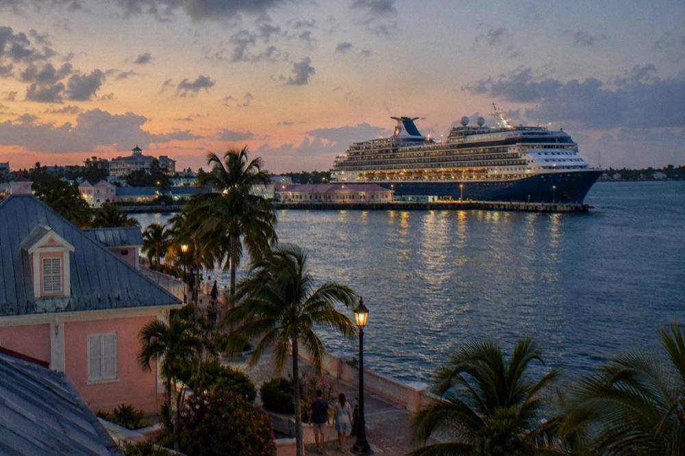 A docked cruise ship seen across a harbor from a waterfront promenade