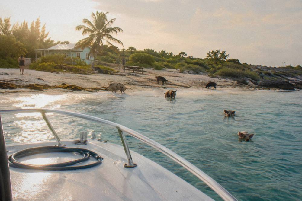 Open turquoise sea horizon seen from a boat bow with scattered low cays in the distance