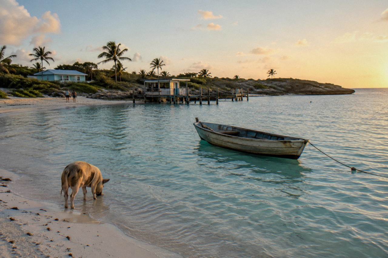 Clear shallow water and pale sand along a small Bahamian island shoreline with a wooden boat anchored offshore