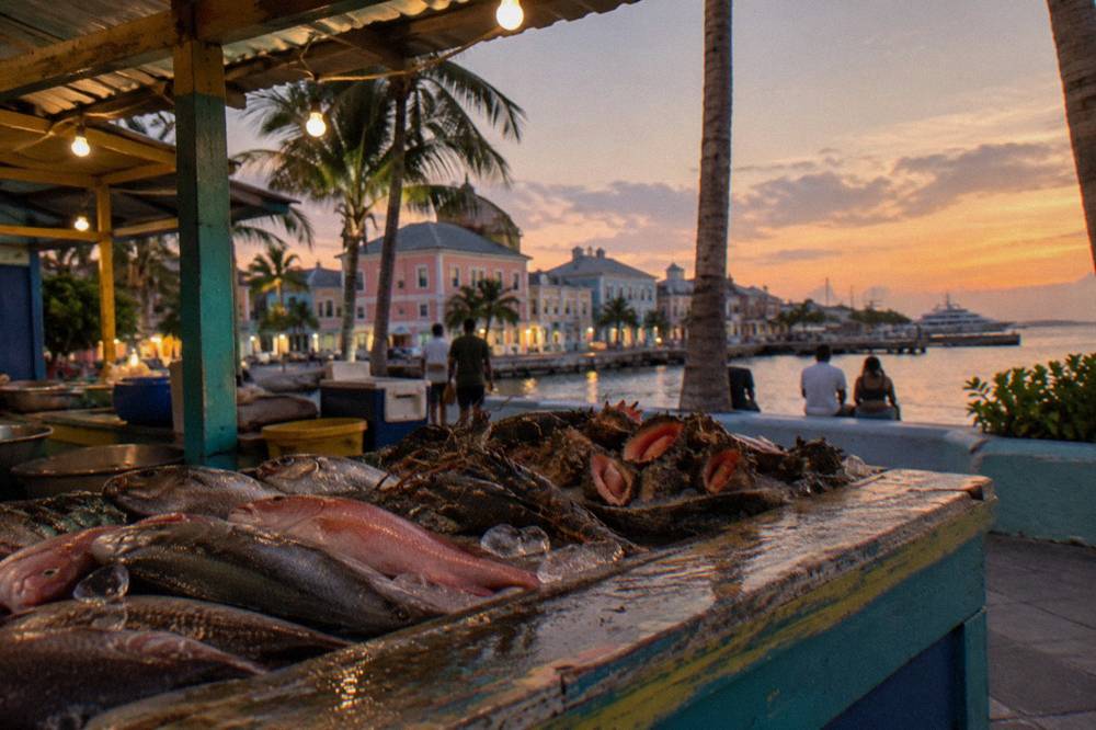 Colorful wooden seafood stalls along a waterfront street at dusk