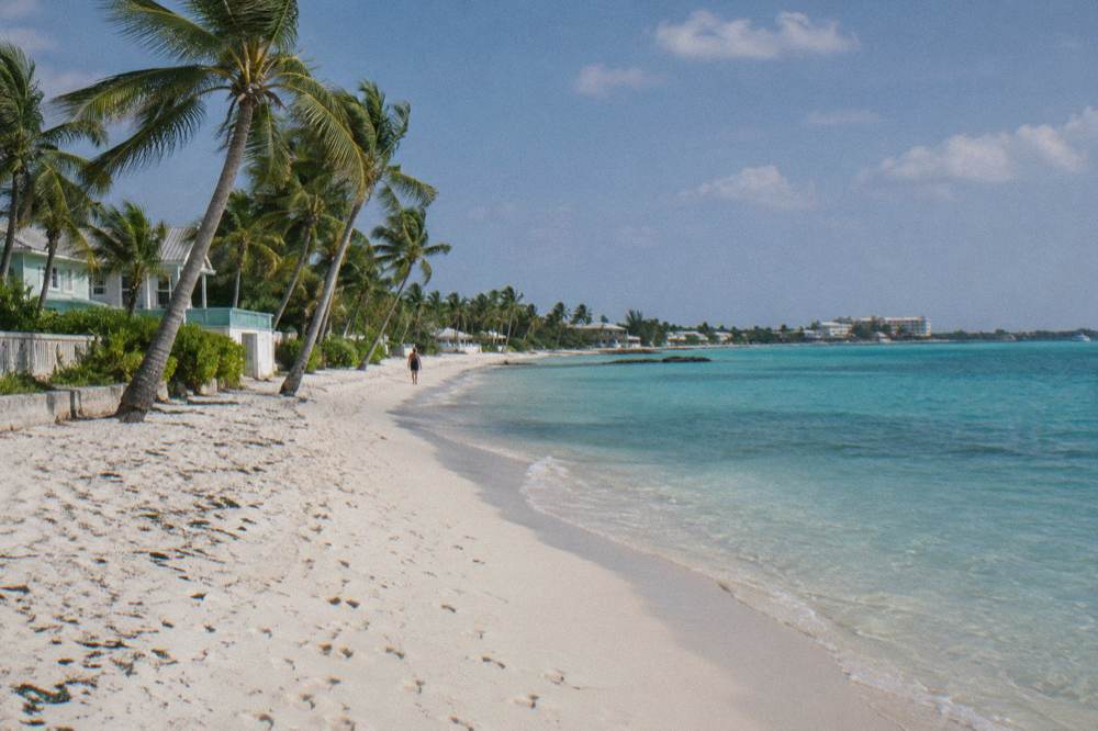 A wide white sand beach with calm turquoise water and a few palms
